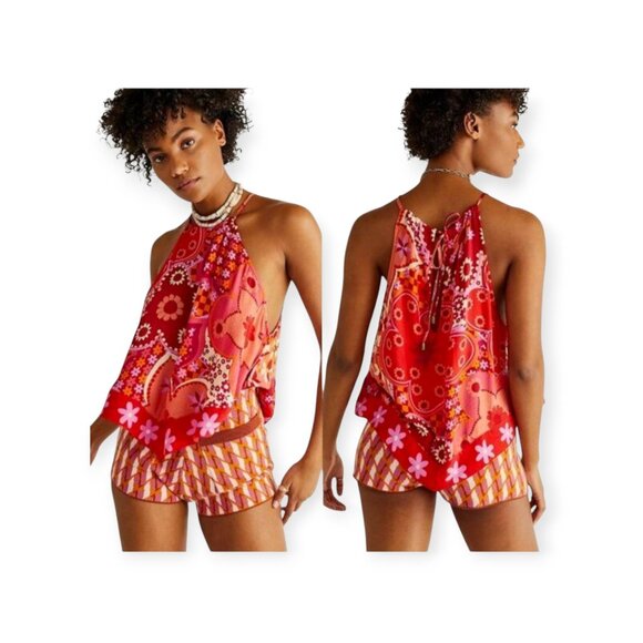 Free People I Dare You Floral Mixed Print red bohemian swing tank size S EUC - Picture 3 of 9